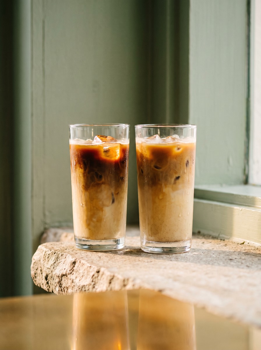 Two glasses of iced coffee on the stone window ledge