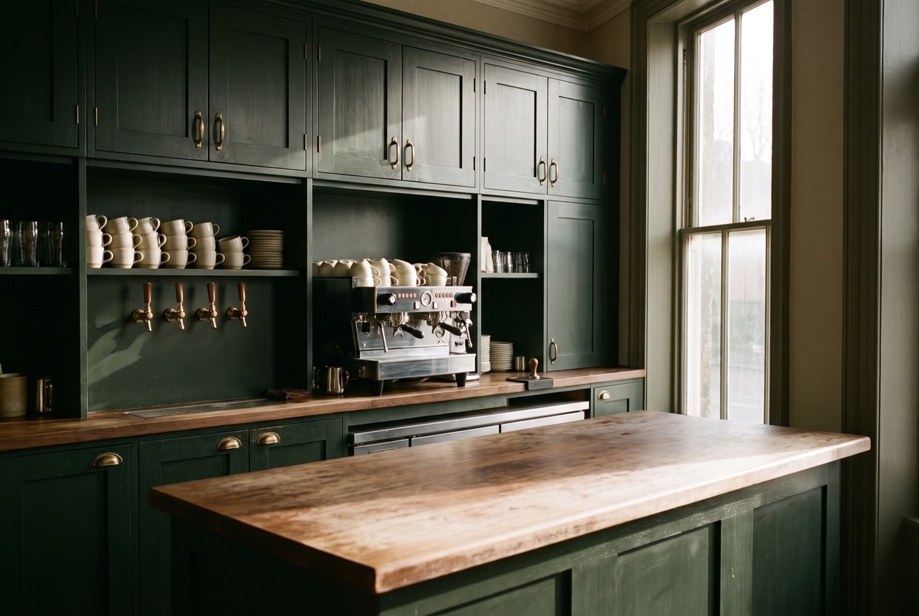 The espresso bar at opening, morning light across the green cabinetry