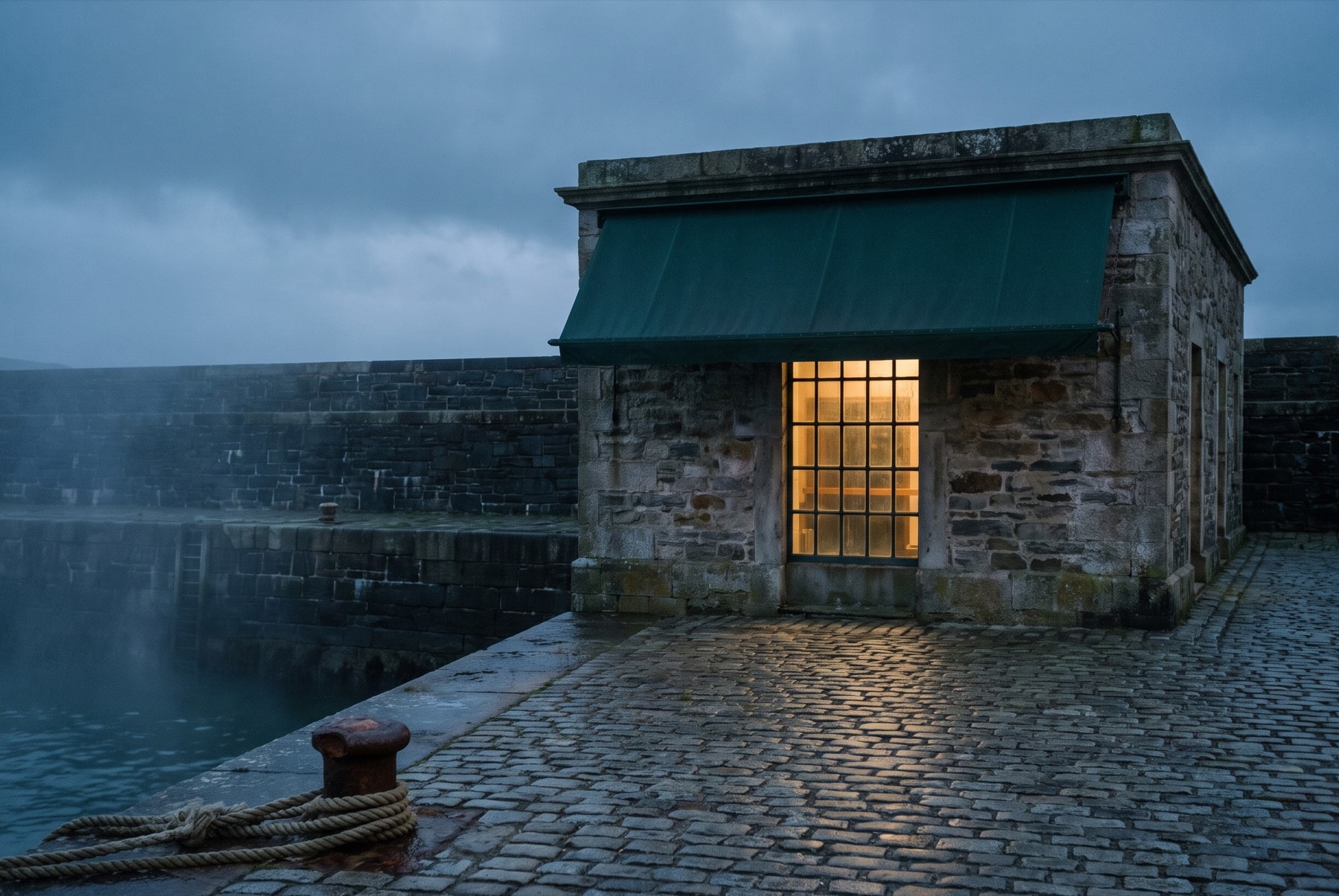The roastery at dawn, green awning and lit window on the wet quay