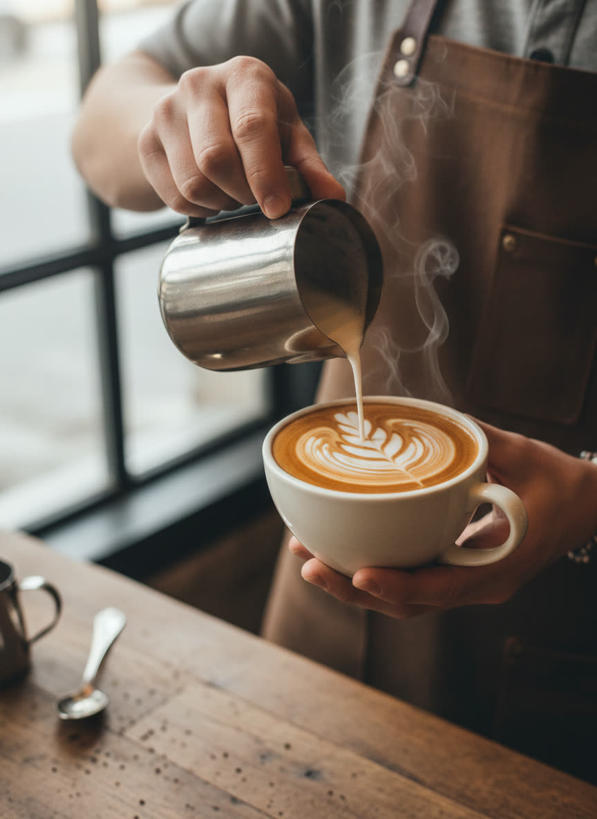 Milk being poured into a latte at the bar