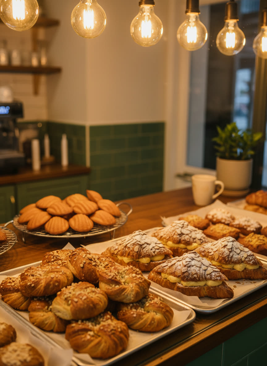 Trays of cardamom buns and almond croissants on the bakery counter