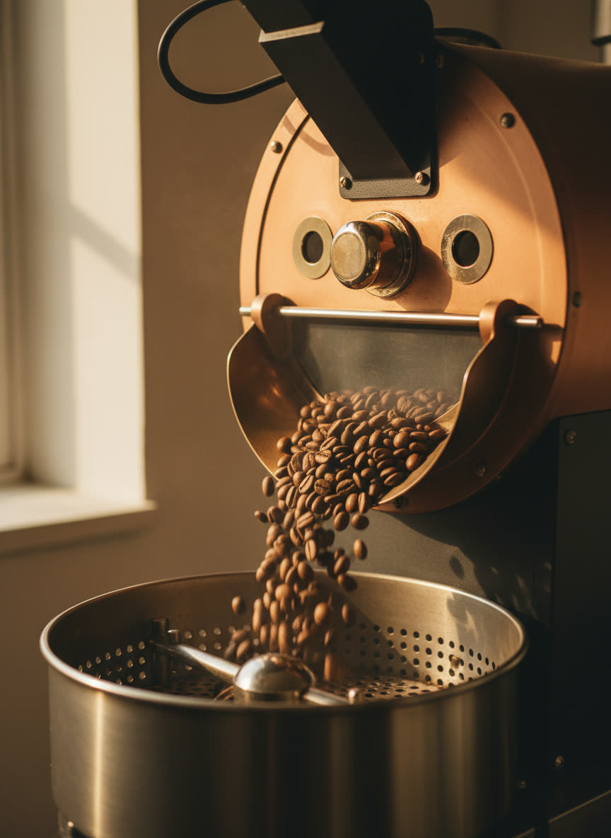 Beans dropping from the roaster drum into the cooling tray