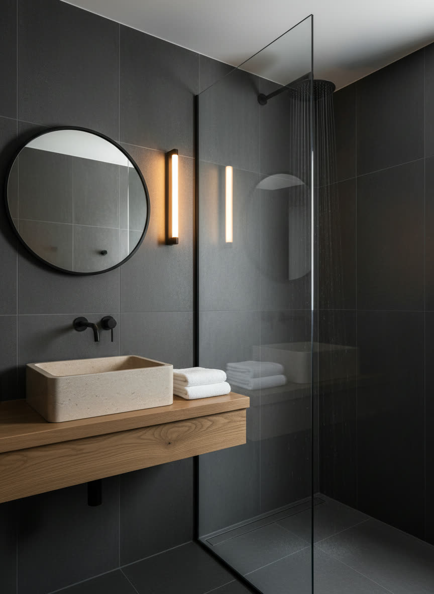 Bathroom detail — stone basin, black tapware, backlit mirror