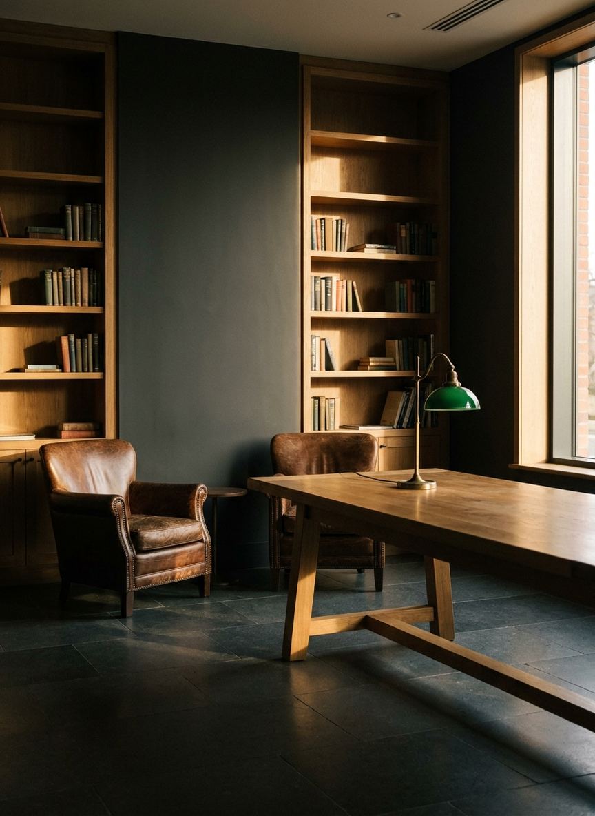 The reading room — oak shelving, leather chairs, long communal table
