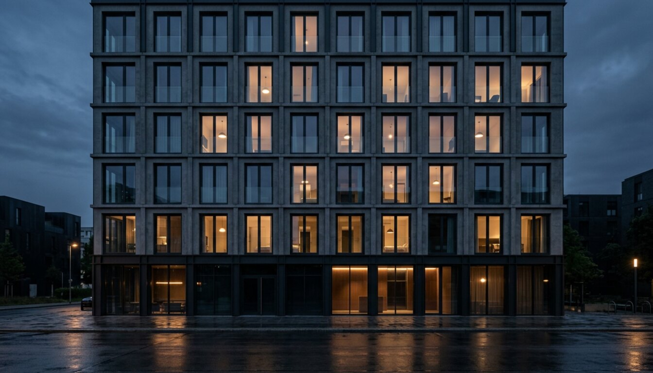 The Maren House facade at dusk with every window lit