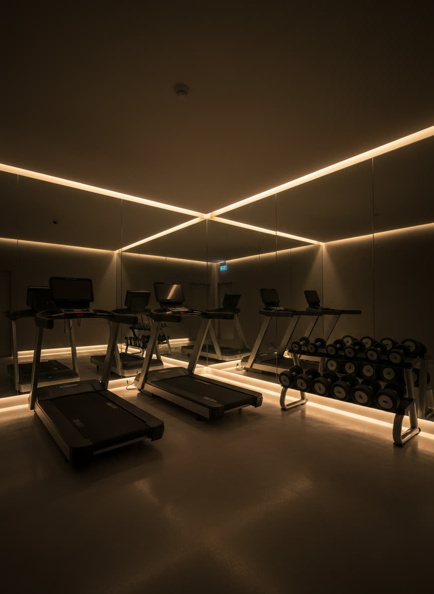 The gym at night, lit by a single recessed line of light