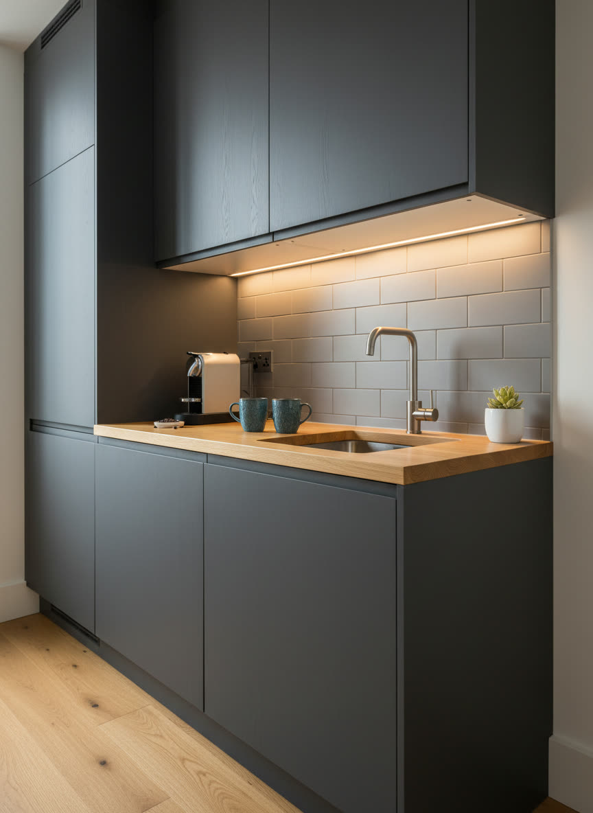 Corner Studio — oak kitchenette lit by a warm linear light under the cabinets