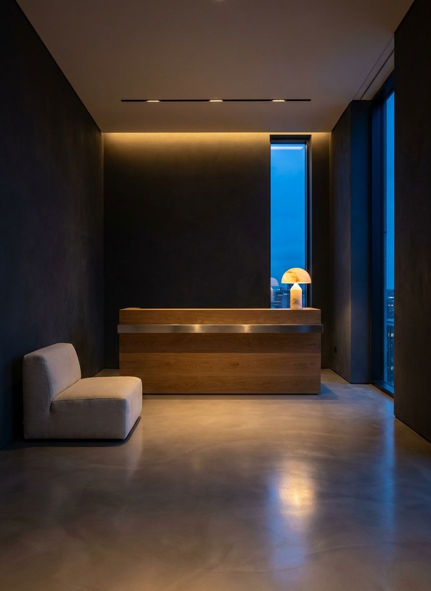 The arrival lounge at blue hour, oak counter and one low chair