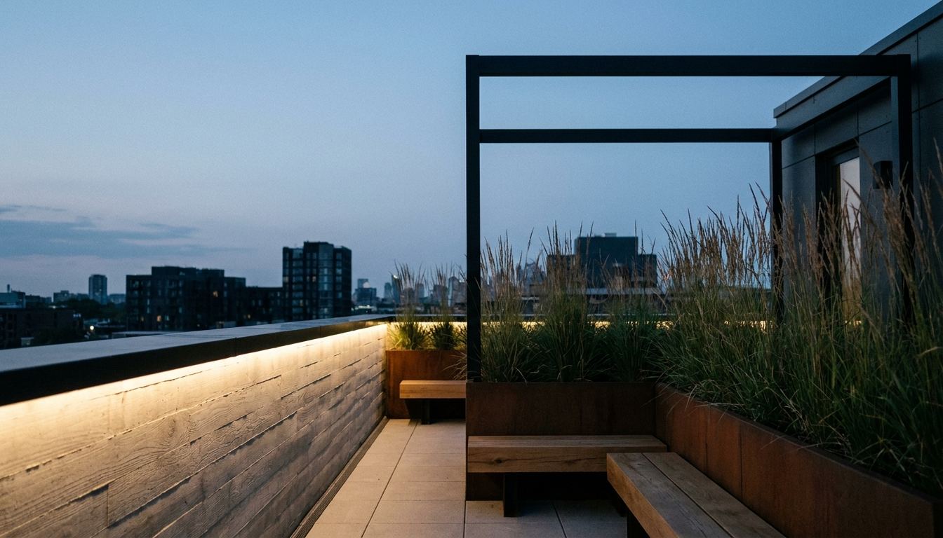 Rooftop terrace at golden hour with planted beds and long benches