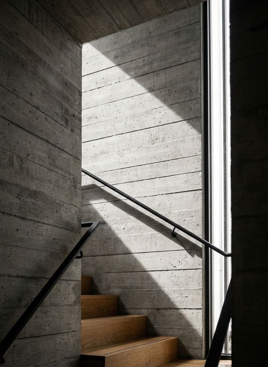Board-formed concrete stairwell with a blackened steel handrail