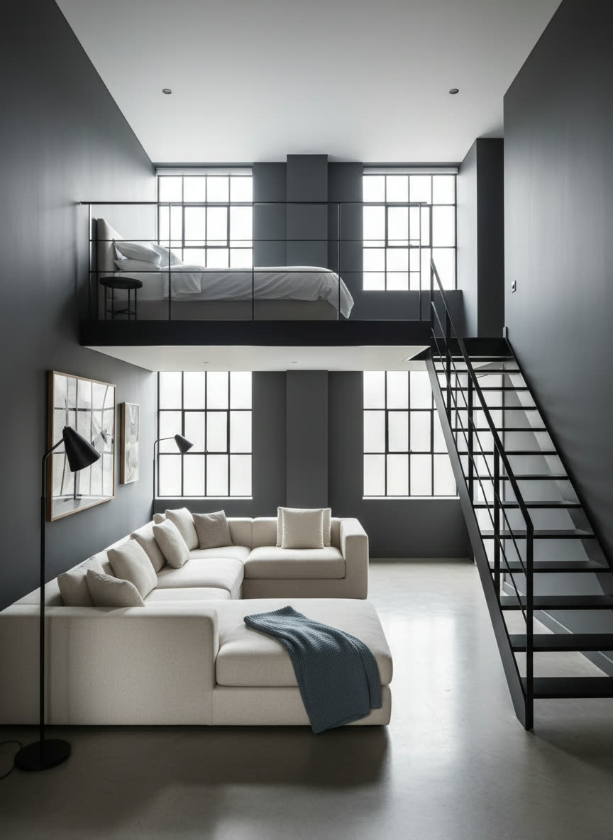 Mezzanine Loft — double-height living room with a steel stair up to the sleeping deck