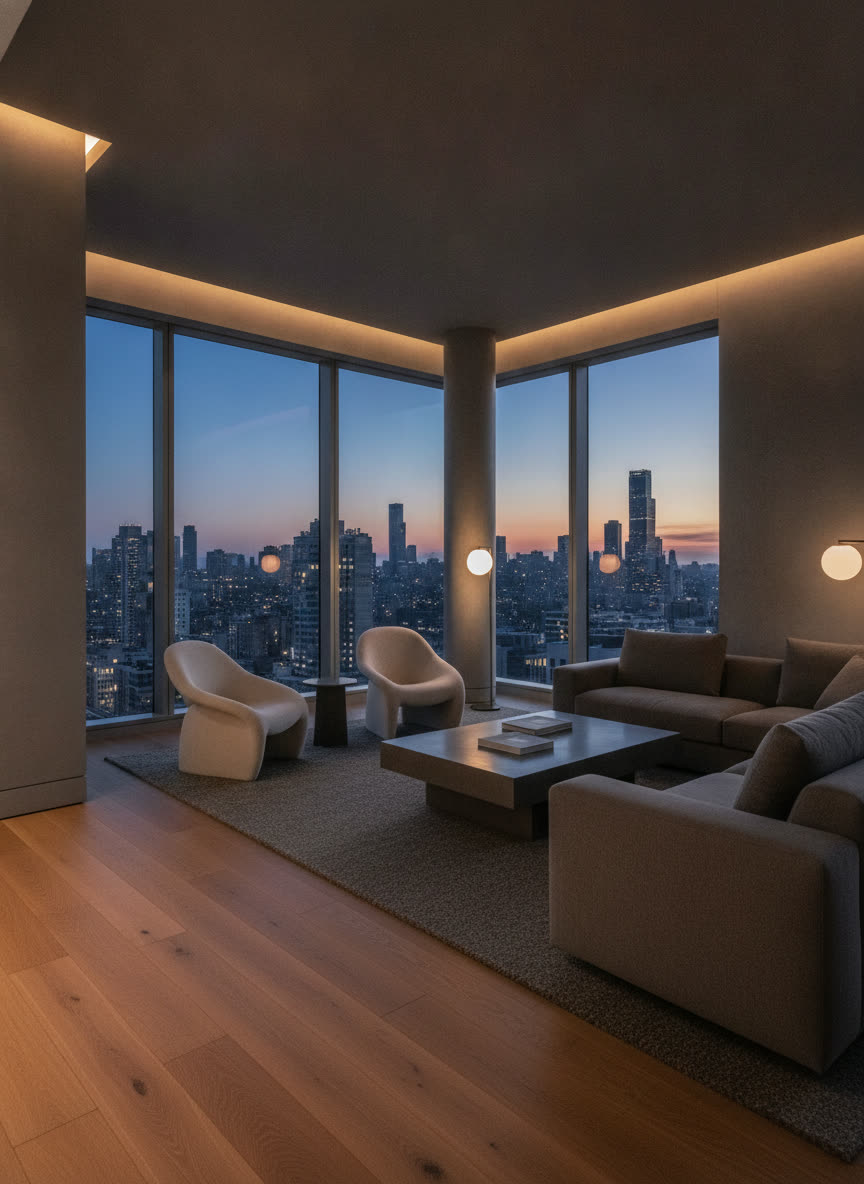 Penthouse Six — corner glass living room at dusk with the skyline beyond