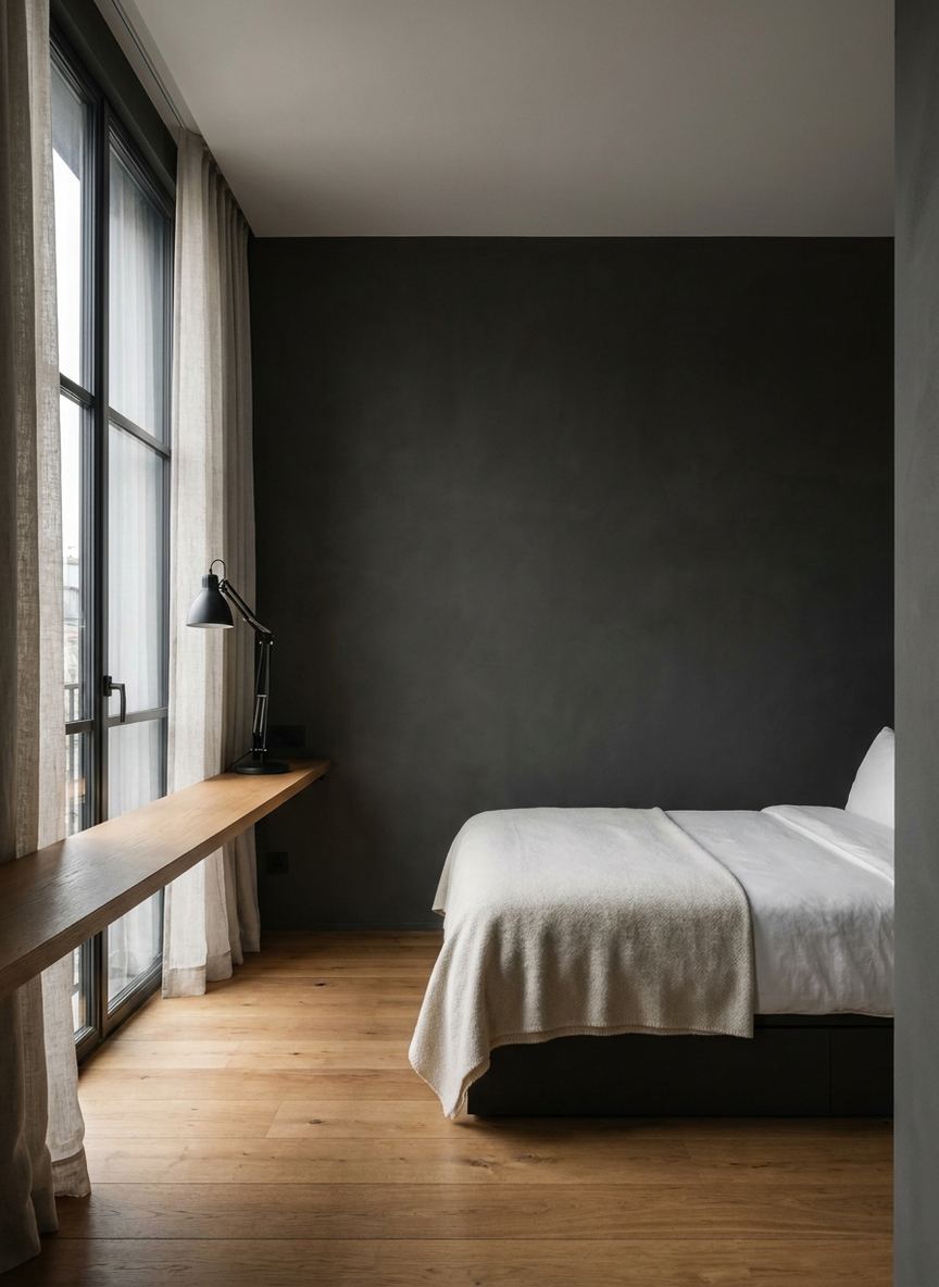 Studio North — a low platform bed against graphite plaster, oak floor, tall steel-framed window