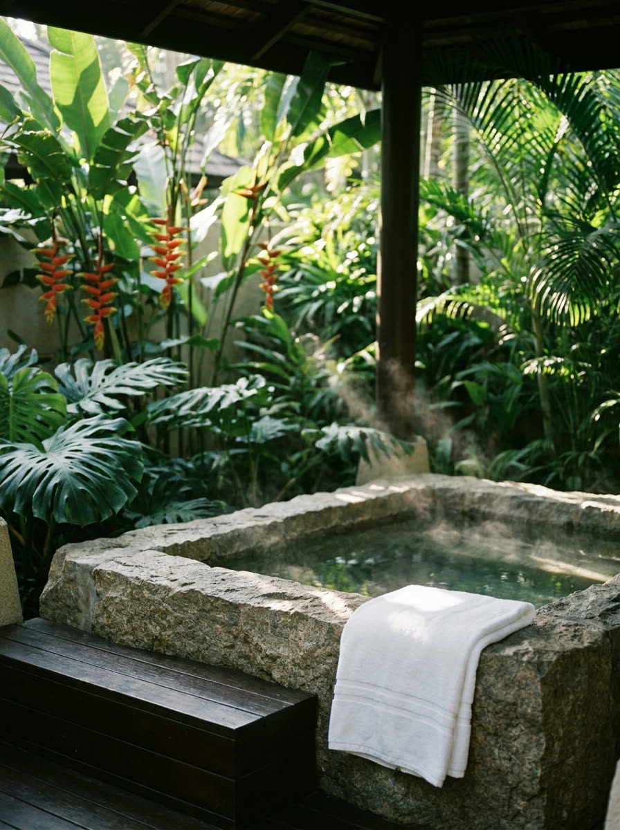 The stone bathing pool in the garden, early morning